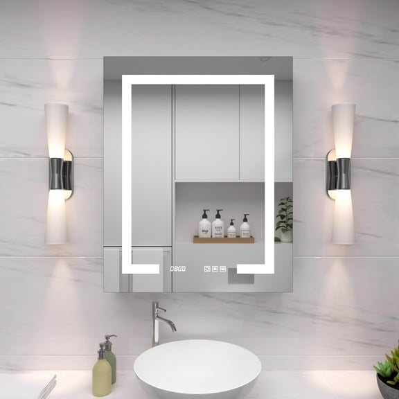 24 in. W x 30 in. H Rectangular Silver Aluminum Recessed/Surface Mount Left Medicine Cabinet with Mirror LED and Clock, ACE