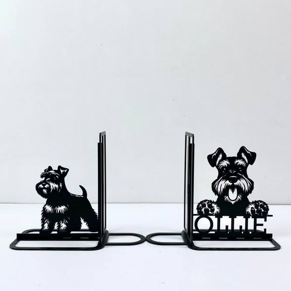 Craftnamesign Custom Miniature Schnauzer Dog Metal Bookends for Shelves, Book Shelf Holder
