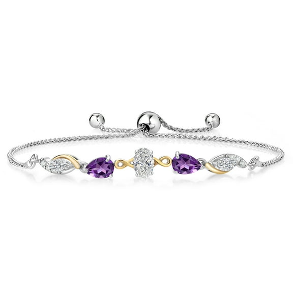 Gem Stone King 925 Silver and 10K Yellow Gold Lab Grown Diamond, Purple Amethyst Bracelet for Women | 1.36 Cttw | Gemstone April Birthstone | Oval 6X4MM | Fully Adjustable 9 inch