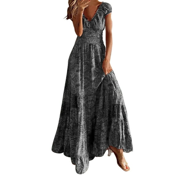 Kcodviy Women Short Sleeve Elegant Summer Wrap Dresses Evening Dress Flower A Business Casual Dresses for Women Summer Line Boho Skirt Casual Maxi Dress Party Dress