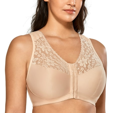 DELIMIRA Women s Front Closure Bras Racerback Wireless Plus Size Full Coverage Lace Bra
