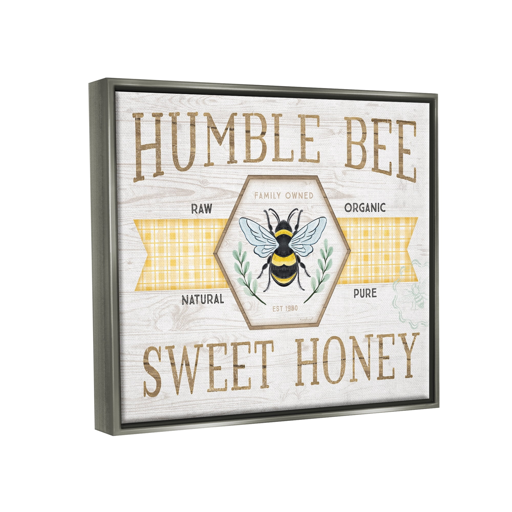 Stupell Industries Sweet Honey Bumble Bee Sign Country Tartan Banner Graphic Art Luster Gray Floating Framed Canvas Print Wall Art, Design by Jennifer Pugh