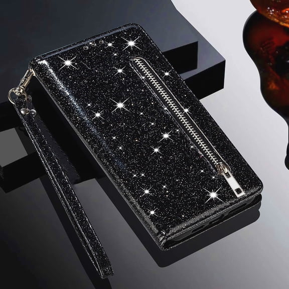 Zipper flip wallet glitter leather phone case for iPhone 16 pro max 15 plus 14 13 mini 12pro 11 with card slots cover