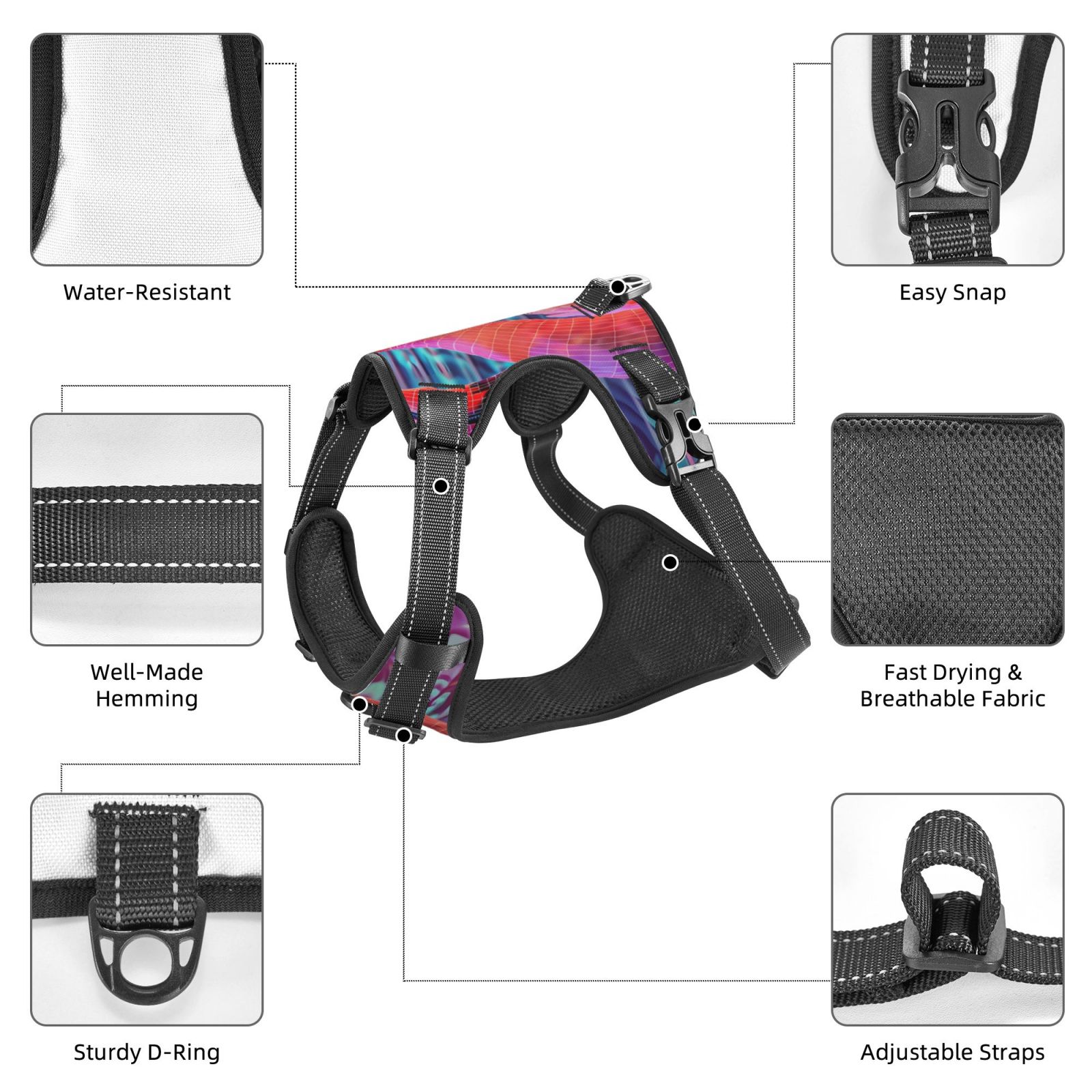 Vsdgher Digital Flamingo Vibrant Art Dog Harness, No-Pull Pet Harness, Dog Vest, Pet Vest for Small to Large Dogs-Small