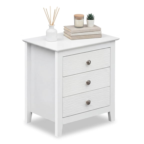 Costway 1PCS Nightstand, Farmhouse 3-Drawer Night Stand with Wood Grain Accents & Sleek Knobs White