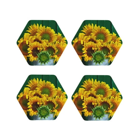 

Drink Coasters Set of 4 Sunflowers in Bucket Leather Coasters for Coffee Table Protector Heat Resistant Cute Coasters for Home Decor Housewarming Gifts Bar Kitchen 4 Inch Hexagon