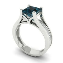 2.28 ct Brilliant Princess Cut Natural London Blue Topaz 18K White Gold Solitaire with Accents Engagement Bridal Wedding Ring Band Set size 5