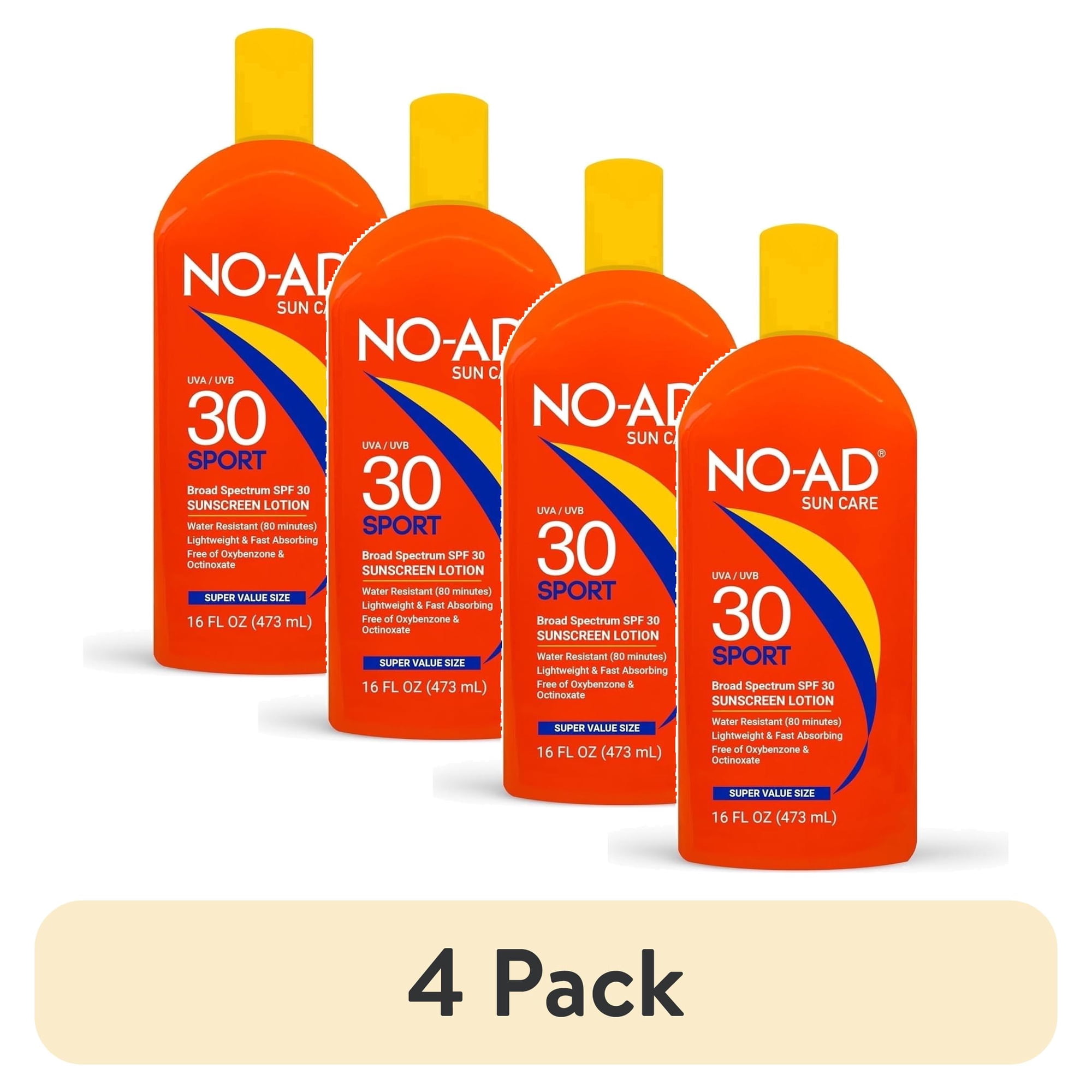 (4 pack) NO-AD SPF 30 SPORT Sunscreen Lotion | Broad Spectrum UVA/UVB Protection Water Resistant | Octinoxate & Oxybenzone Free with moisturizing Vitamin E and Aloe 16oz