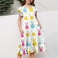 thumbnail image 5 of Cowsor Big Girls Short Sleeve Ruffle Strap Dress Easter Print Round Neck Waist Cinched Pocket Layered Dress for 4 to 15 Years Old Kids Family Gathering Outfits, 5 of 5