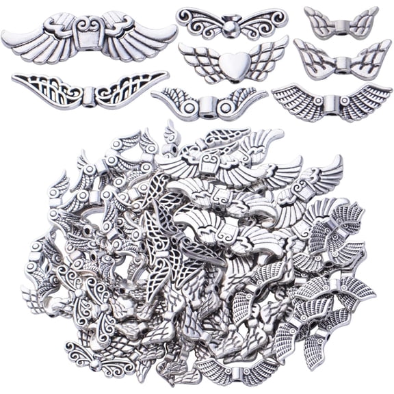 100g 8 Styles,Antique Silver Angel Wing Spacer Beads - Tibetan Alloy Fairy Wing Charm Beads for DIY Necklace & Bracelet Making