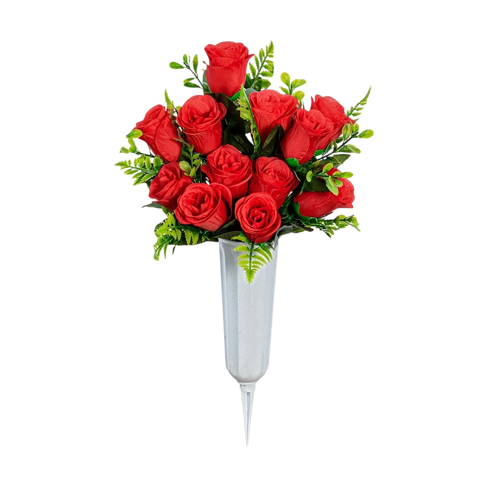 2 Pcs Artificial Cemetery Flowers with Vase, Artificial Rose Bouquet Graveyard Memorial Flowers Outdoor Grave Decorations for Cemetery Headstones Decoration, 16.5x11.8 Inch, Red