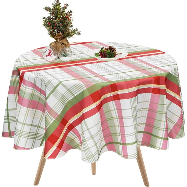 Christmas Buffalo Plaid Tablecloth, Gingham Checkered Table Cloth, Xmas Tablecloths for Dining Kitchen Winter Holiday, Waterproof Table Cover for Party Decor, Red Green, Round 60 inch