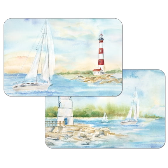 Wipe-Clean Reversible Decofoam Placemats, Lighthouse Scene, Set of 2, Made in The USA