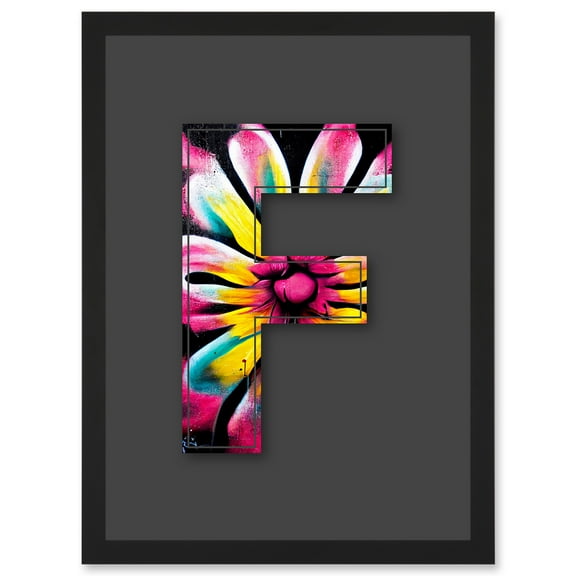 Letter F Bright Flower Decorative Graffiti Mural Alphabet Initial Stencil Artwork Framed Wall Art Print A4