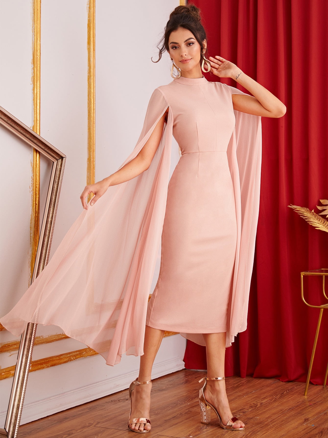 Mock neck Exaggerate Cape Sleeve Split Hem Pencil Bahrain Ubuy