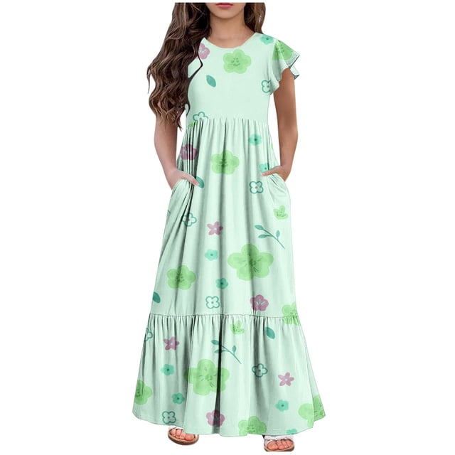Yanlir Robe d'Été à Volants pour Filles 4-14 Ans Robe Ligne A Sans Manches Col Rond Robe d'Été pour Tenues Confortables et Élégantes (Vert#5,10 Ans)