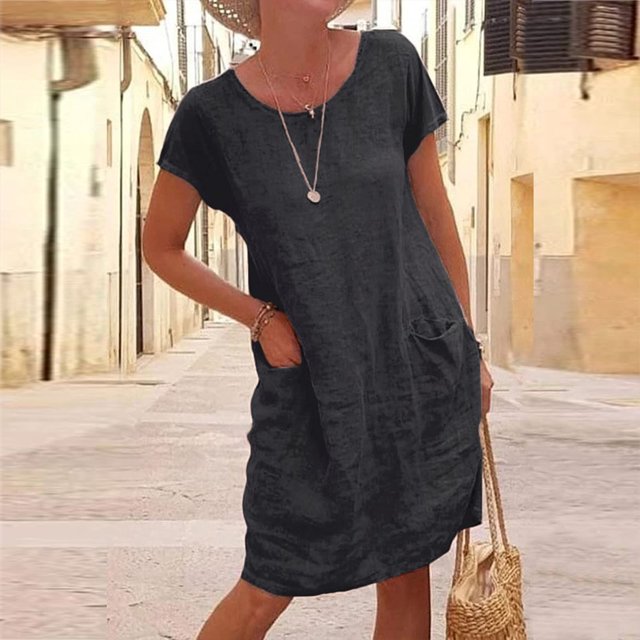 Vestido Vestido informal para mujer con cuello redondo de lino y algodón de gran tamaño para uso diario (negro M) Ygjytge Negro T M para Mujer