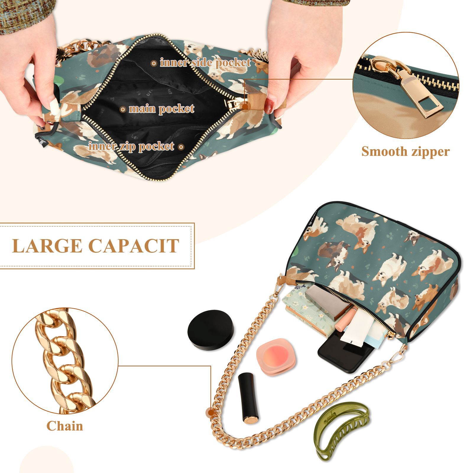 Cute DogsWomen Small Shoulder Bag Crossbody Tote Hobo Bags Purse Clutch Handbags with Chain Strap for Women