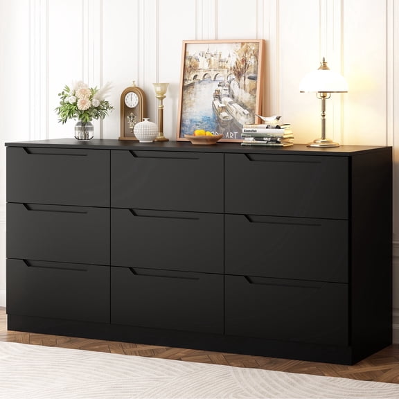 Winkalon 9 Drawers Double Dresser, Modern Wood Dresser Chest of Drawers with Large Storage Space for Bedroom,Living Room, Hallway, Black