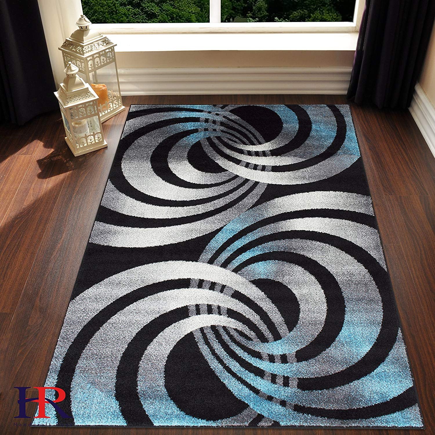 Blue/White/Black Faded, Allover Distressed Area Rug Swirls Sync