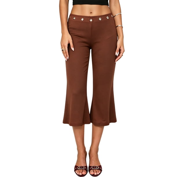 Pantalones capri para mujer, elegantes, con ojales metálicos, cintura elástica y corte acampanado.