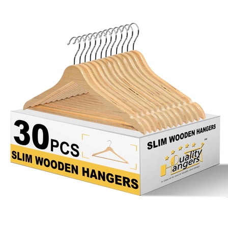 Quality Hangers Premium Slim Wooden Hangers 30 Pack - Thin Space Saving Hangers with 360 Degree Swivel Hook & Shoulder Groves Types of Clothing – Natural (30, Natural)
