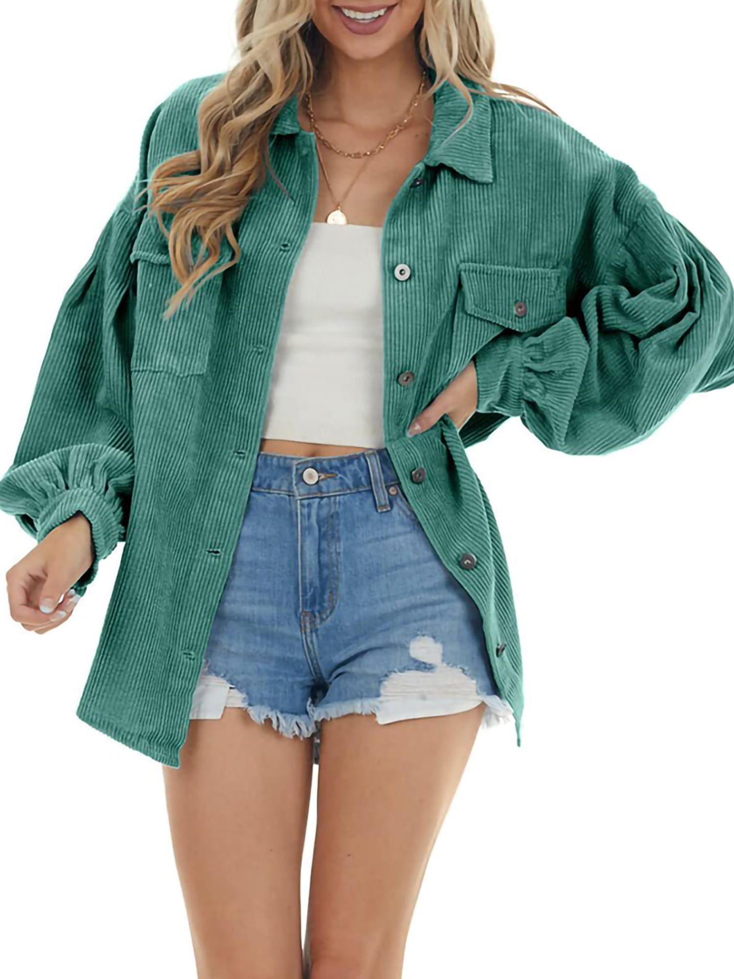 Niuer Women Winter Corduroy Shirts Long Sleeve Button Down Blouses Ladies  Casual Oversized Coats Tops with Pocket Size S-2XL Green XL 