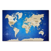 Elephant Stock Beige Longitude World Map Wall Art - Horizontal Canvas Wall Art - Living Room Wall Decor - Map Canvas - Blue And Beige Decor - 45" x 30"