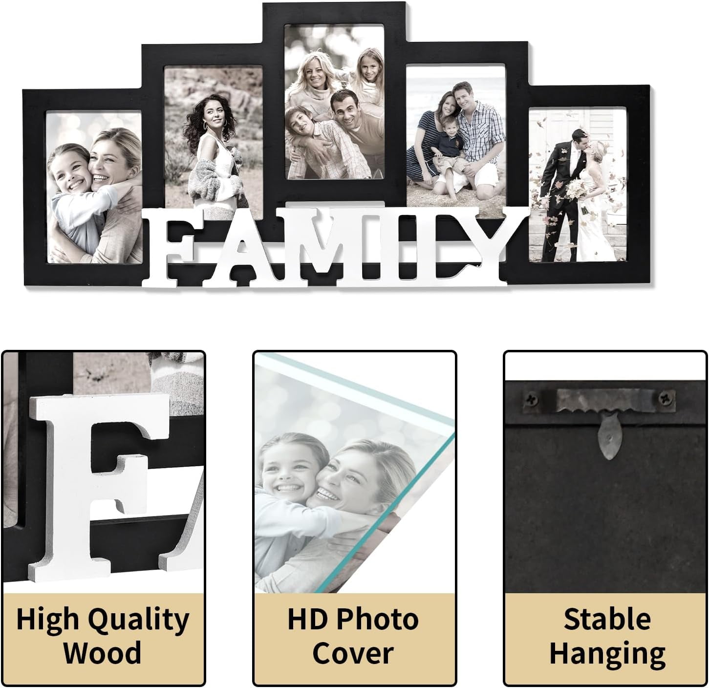 MODE HOME Wood Wall Hanging Family Picture Photo Frame Collage, 4 x 6 Photo Frames for Family Pictures Wall Decor, 5 Openings Black