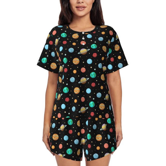 Balery Solar System Planets Space Conjunto de Pijama para Mujer con Estampado, Dos Piezas de Manga Corta y Shorts, Ropa de Dormir Suave con Cuello Redondo y Bolsillos-XX-Large