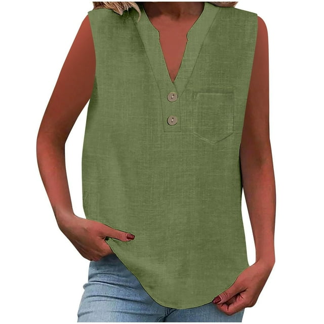 Admvng Tank Tops for Women Solid Color V-Neck Button Sleeveless Pocket Pullover Tank Top S-2XL