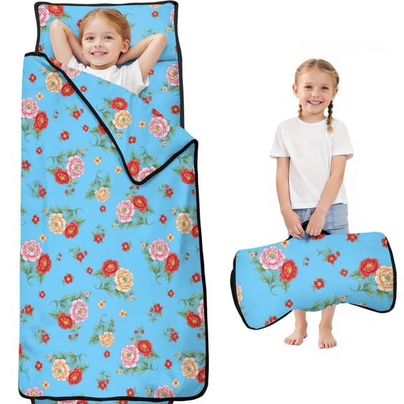 Pioneer Flower Floral Print Pattern Teens Toddler Nap Mat with Pillow, Sleeping Mat Bag for Preschool Daycare 59"x22"