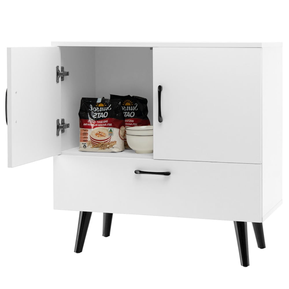Finihen Storage Cabinet, Mid Century Storage Cabinet with 2 Doors and 1 Pull-out Drawer, for Living Room, Home, Office, Entryway, White