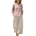 thumbnail image 3 of ClodeEU Women's Embroidered Linen Blend 3/4 Sleeve Boho Set,Casual Solid Color Wide Leg Pants Two Piece Outfit Pink,Women's Plus M, 3 of 8