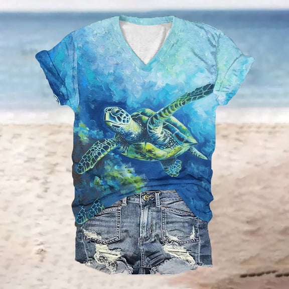 DDAPJ pyju Novelty Graphic Tees for Women Sea Turtle Print Short Sleeve V Neck T-shirts Summer Casual Beach Vacation Tee Tops Birthday Gifts Prime Blue XXL