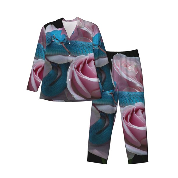 Balery Blue Lipped Pit Viper And Three Pink Roses Pijama para Hombre de Dos Piezas con Manga Larga, Conjunto de Dormir y Descanso Suave con Bolsillos-Large