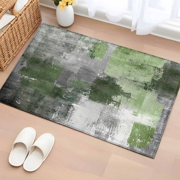 Sage Green Grey Washable Small Entryway Area Rugs 2'x3', Modern Graffiti Low Pile Throw Rug Non-Slip Sturdy Edge Binding Carpet for Front Door Floor Room Entry