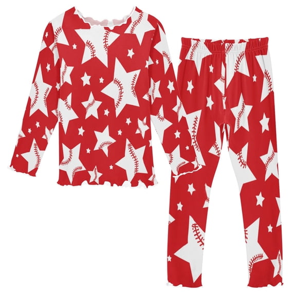 Girls Pajama Set with Long Sleeve Shirt and Pants Soft Thermal Sleepwear Five-pointed Star Baseball Pattern 2T
