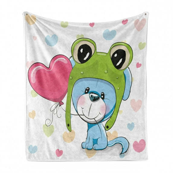 Cartoon Soft Flannel Fleece Blanket, Cartoon Puppy in a Frog Hat with Balloon on Heart Background Love Animal Print, Cozy Plush for Indoor and Outdoor Use, 50" x 60", Blue Pink Green, by Ambesonne