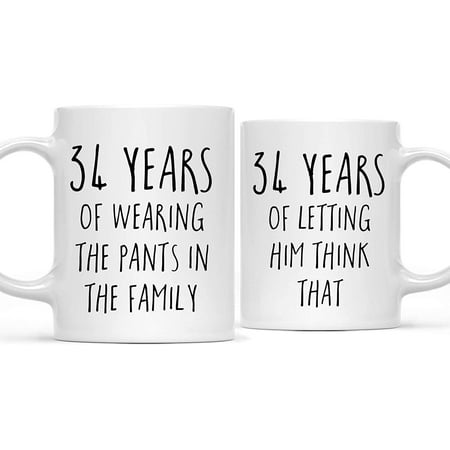 

CTDream Funny 34th Wedding Anniversary 11oz. Couples Coffee Mug Gag Gift 34 Years of Wearing the Pants in the Family Letting Him Think That 2-Pack with Gift Box for Husband Wife Parents
