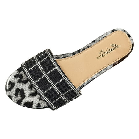 

LUOGENLI Female Heels Closed Toe Round Water Diamond Slippers Women s 2024 Summer New European and Foreign Trade Large Size Flat Bottom Square Head Beach Slippers