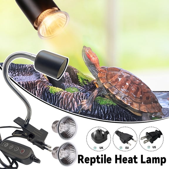 Universal Reptile Basking Lamp with Dimmer and Timer Control, Adjustable Heat Lamp Kit with 2 UVA/UVB Bulbs, 360 Degree Flexible Gooseneck for Turtles and Lizards, Black American standard plug