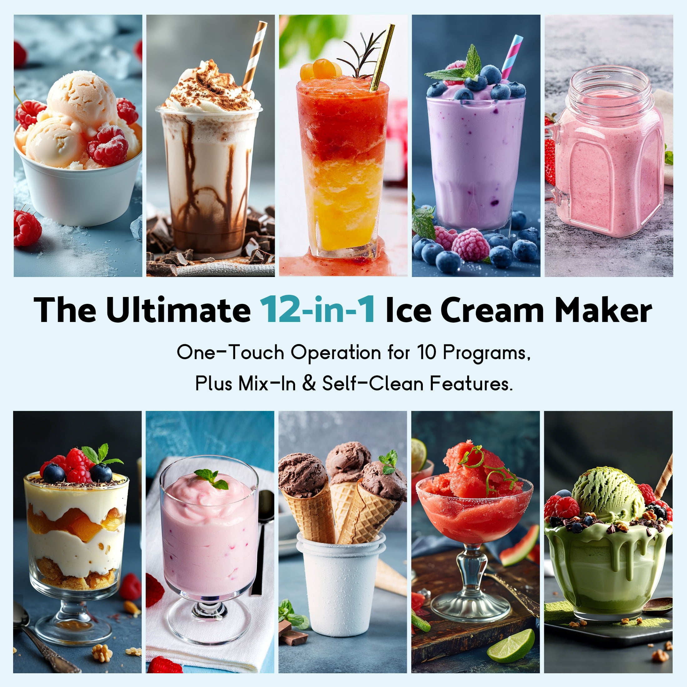 Flamemore 12-in-1 Ice Cream Maker with (2) Pint Containers &Lids, Self Cleaning, 1500W Frozen Yogurt Machine for Milkshake, Sorbet, Black