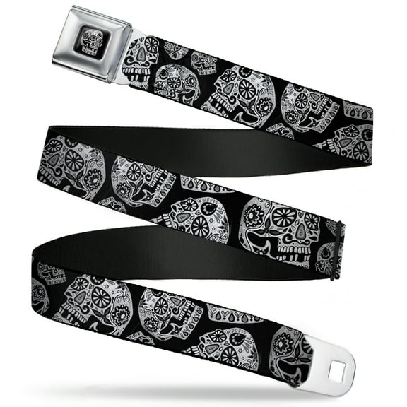 Thaneeya McArdle Belt, Seatbelt Buckle Belt, The Dust of Living II Sugar Skulls Black White, 30 to 44 Inches