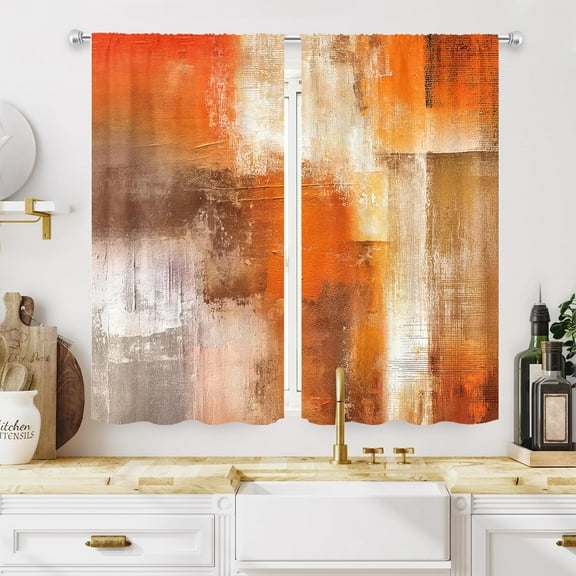 Abstract Burnt Orange Kitchen Curtains,Gray Rust Brown Kitchen Curtains,27.5Wx39H Inch Rod Pocket Watercolor Grey Oil Painting Decor Cool Modern Small Short Window Drapes Treatment 2 Panels