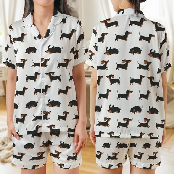 Lotusprinthandmade Cute Dachshund Dog All-over Print Satin Short-Sleeve Pajamas Set (No Pocket) (S), dachshund dog pajamas, sausage dog pajama set