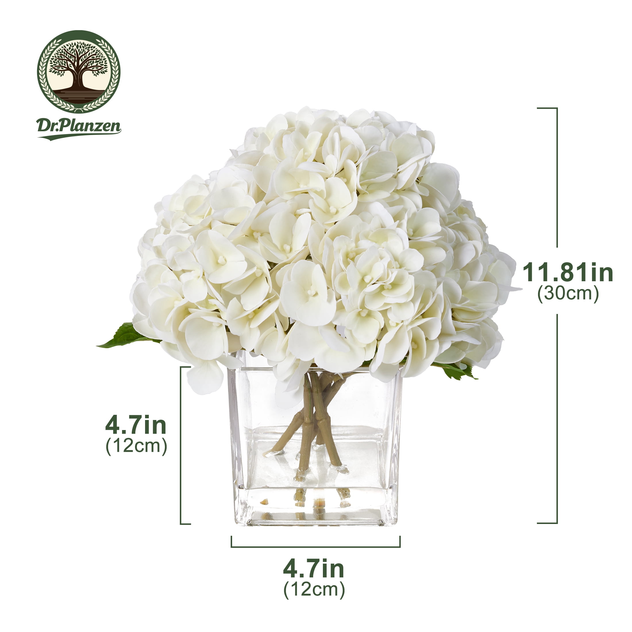 DR.Planzen 12in Artificial Hydrangea Flowers with Glass Vase, Hydrangea Artificial Flowers White Faux Hydrangea Arrangement - 90 Blooms Full Hydrangea Centerpiece for Home Table Wedding Decor Indoor