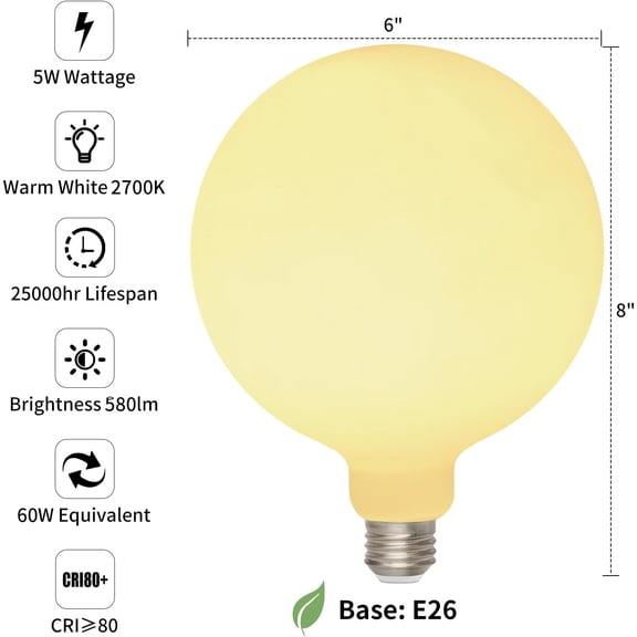 PYYAN-Large LED Bulb,G150 Frosted White Globe Decorative Bulbs,Warm White 2700K 5W,60W Equivalent,E26 Base,6 Inch Oversized Edison Bulb for Home Decor