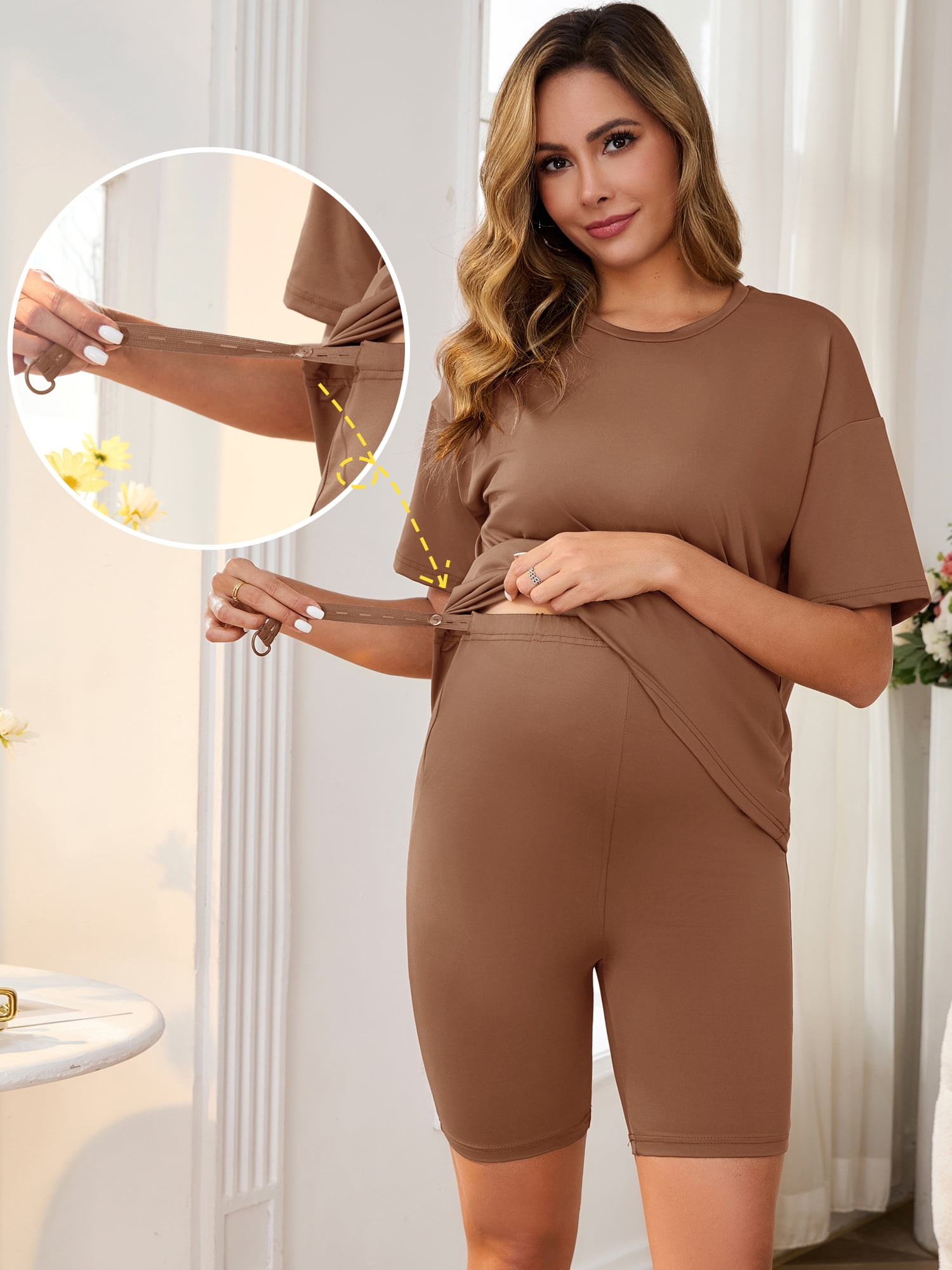DARING DIVA Women's Tie Dye 2-Piece Maternity Pajama Set S Brown