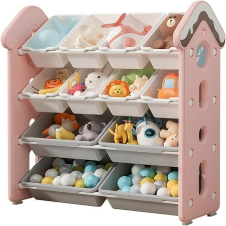 

Kids 4-Tier Toy Storage Organizer Toy Organizer Shelf Fun Candy House Design Toy Shelves Organizer with 12 Bins Toy Organizer Rack Durable and Safe HDPE Material
